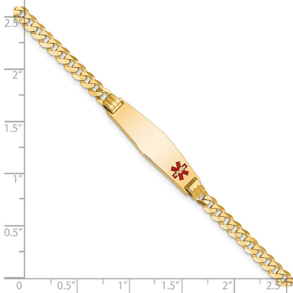 14K Yellow Gold Medical Solid Chain/Solid Plate 26X7mm Soft Diamond Shape Off Center Red Enamel Curb Link 8 Inch Id Bracelet