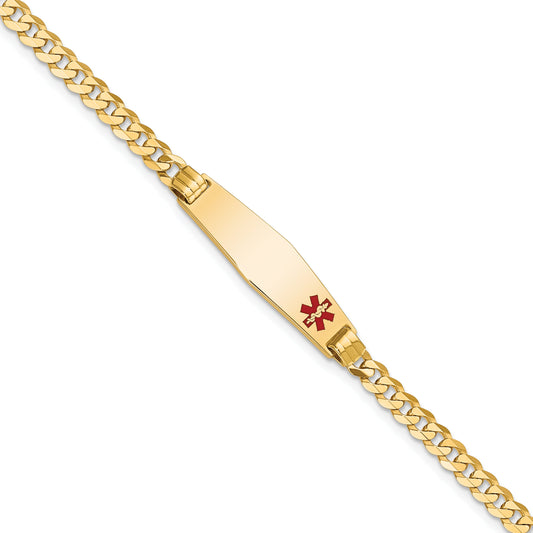 14K Yellow Gold Medical Solid Chain/Solid Plate 26X7mm Soft Diamond Shape Off Center Red Enamel Curb Link 7 Inch Id Bracelet