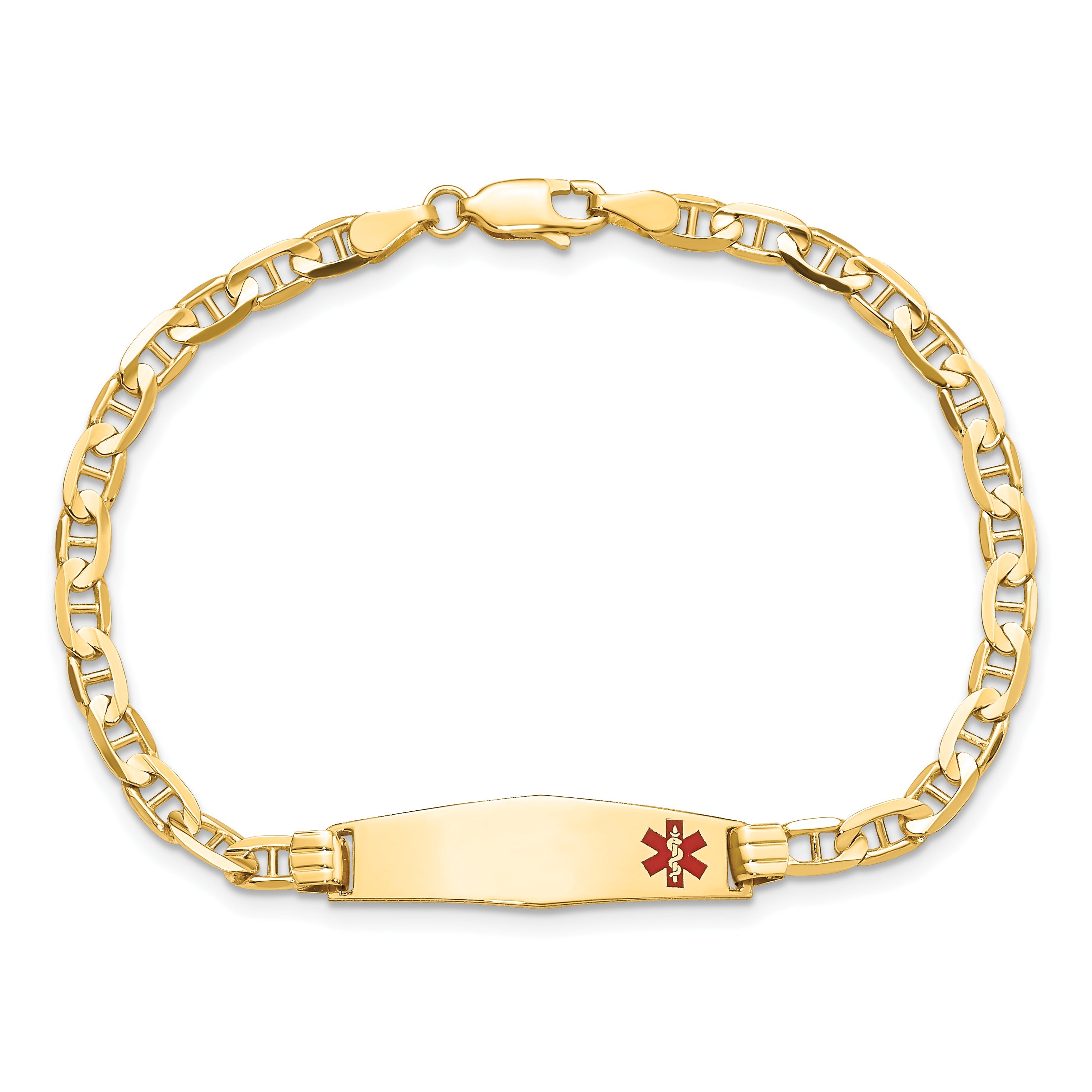 14K Yellow Gold Medical Solid Chain/Solid Plate 26X7mm Soft Diamond Shape Off Center Red Enamel Anchor Link 8 Inch Id Bracelet