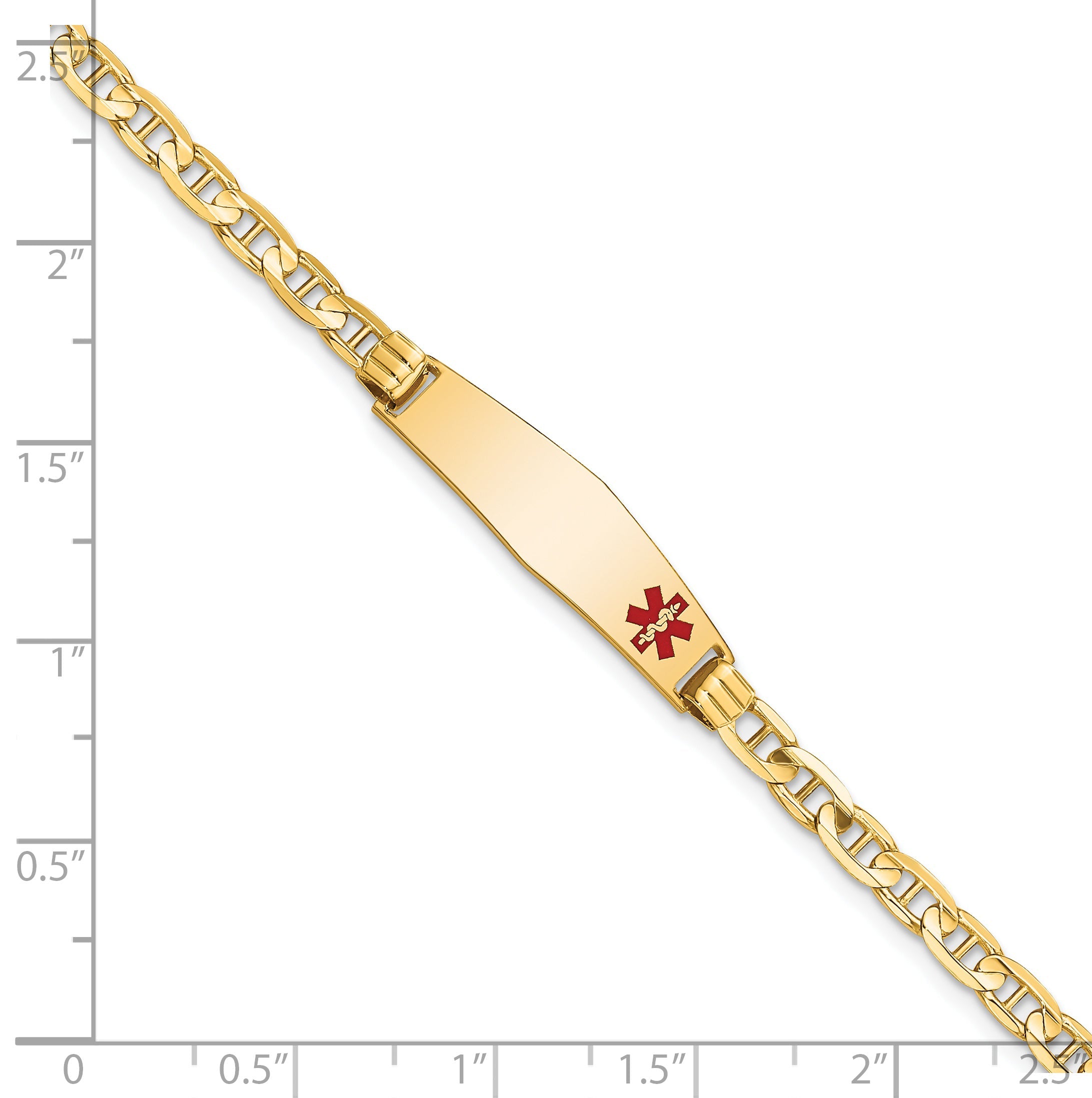 14K Yellow Gold Medical Solid Chain/Solid Plate 26X7mm Soft Diamond Shape Off Center Red Enamel Anchor Link 8 Inch Id Bracelet