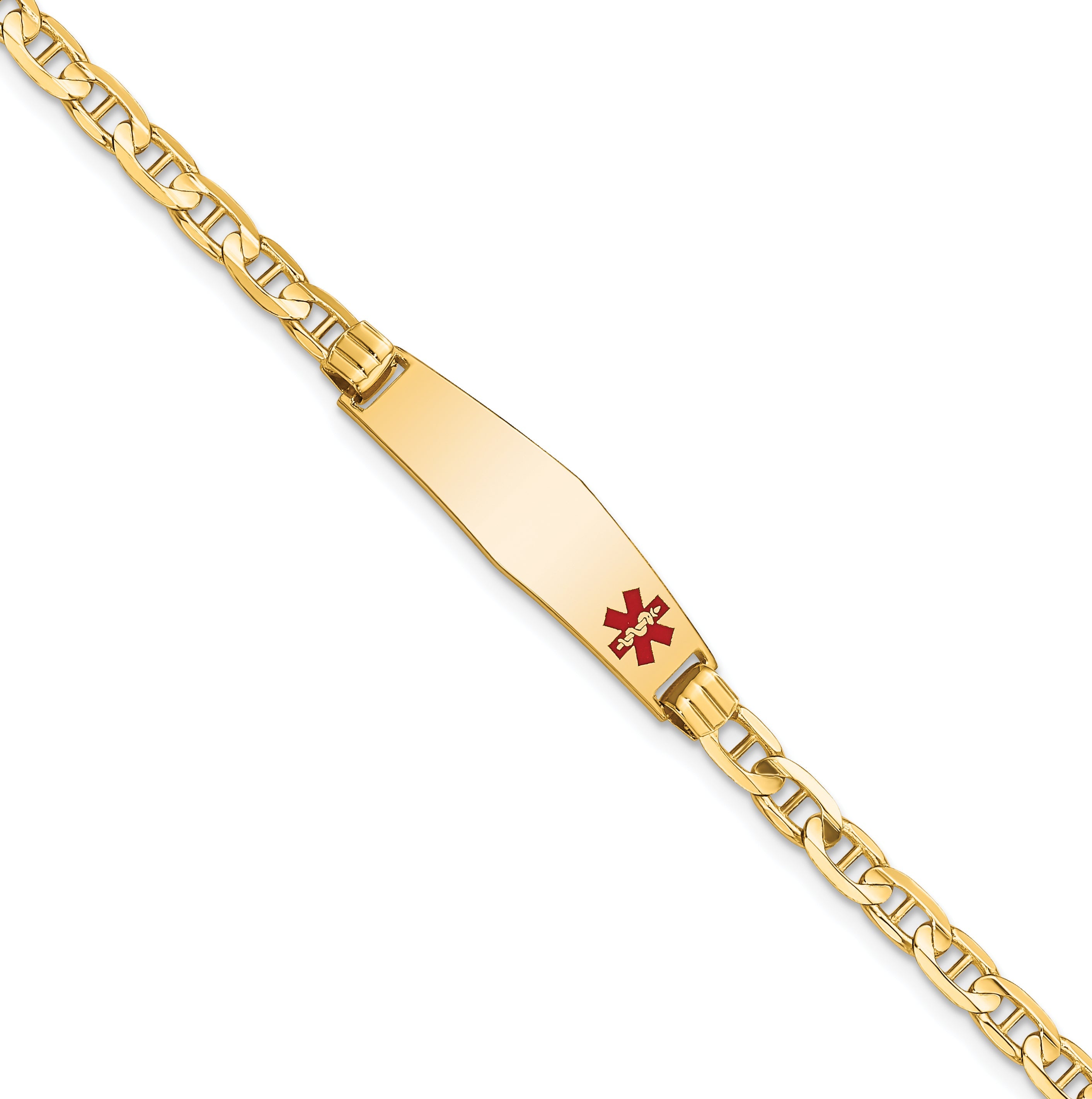 14K Yellow Gold Medical Solid Chain/Solid Plate 26X7mm Soft Diamond Shape Off Center Red Enamel Anchor Link 7 Inch Id Bracelet