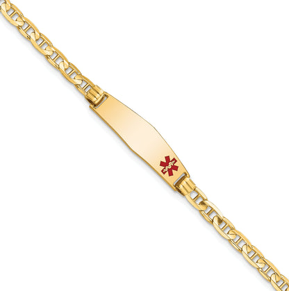 14K Yellow Gold Medical Solid Chain/Solid Plate 26X7mm Soft Diamond Shape Off Center Red Enamel Anchor Link 7 Inch Id Bracelet