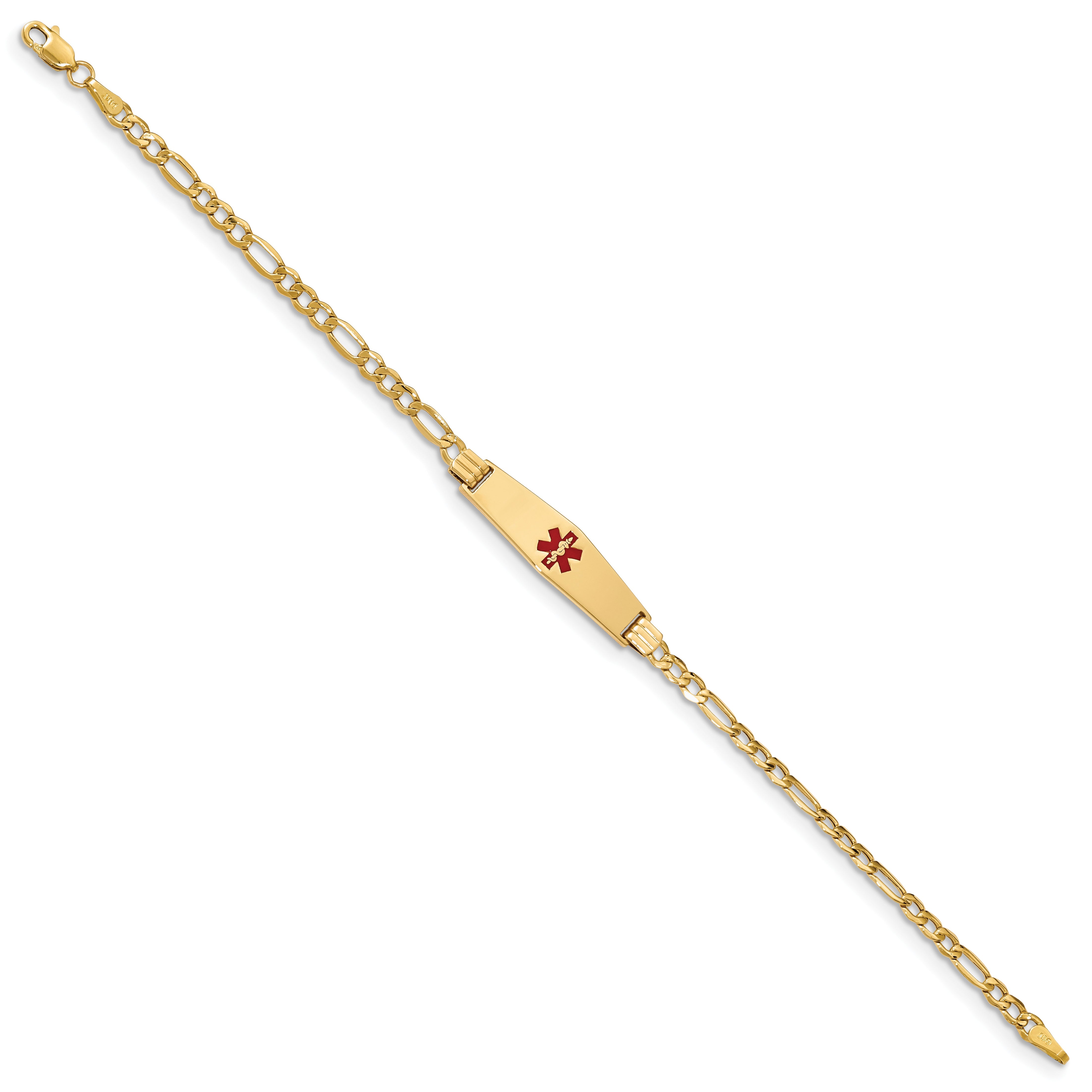 14K Yellow Gold Medical Semi Solid Chain/Solid Plate 26X7mm Soft Diamond Shape Centered Red Enamel Figaro Link 8 Inch Id Bracelet