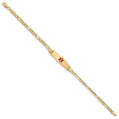 14K Yellow Gold Medical Semi Solid Chain/Solid Plate 26X7mm Soft Diamond Shape Centered Red Enamel Figaro Link 8 Inch Id Bracelet