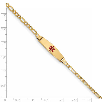 14K Yellow Gold Medical Semi Solid Chain/Solid Plate 26X7mm Soft Diamond Shape Centered Red Enamel Figaro Link 8 Inch Id Bracelet