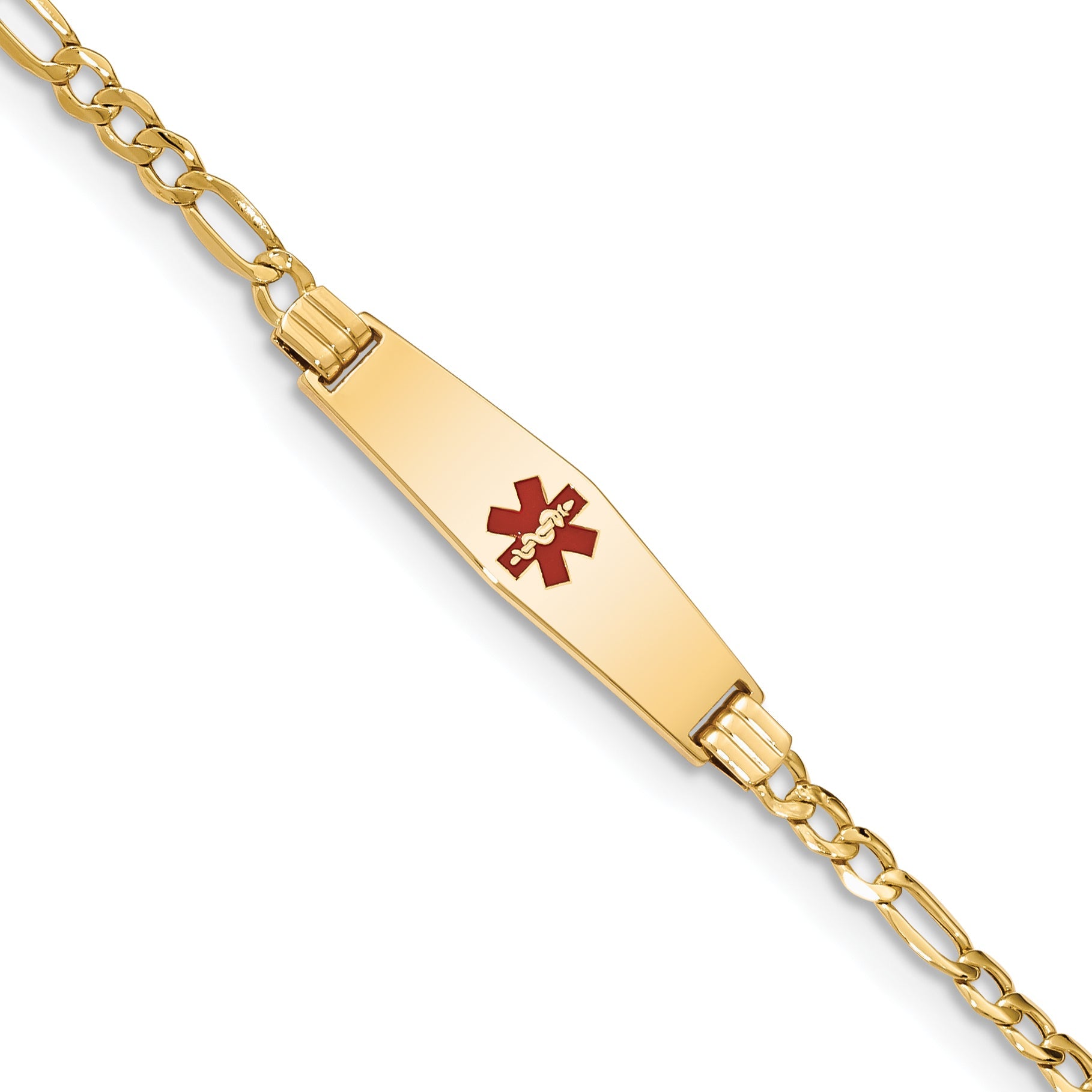 14K Yellow Gold Medical Semi Solid Chain/Solid Plate 26X7mm Soft Diamond Shape Centered Red Enamel Figaro Link 8 Inch Id Bracelet