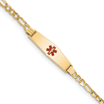 14K Yellow Gold Medical Semi Solid Chain/Solid Plate 26X7mm Soft Diamond Shape Centered Red Enamel Figaro Link 7 Inch Id Bracelet