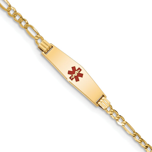 14K Yellow Gold Medical Semi Solid Chain/Solid Plate 26X7mm Soft Diamond Shape Centered Red Enamel Figaro Link 7 Inch Id Bracelet