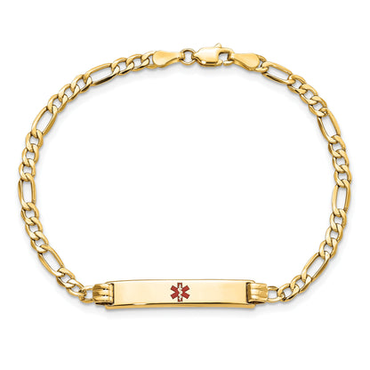 14K Yellow Gold Medical Semi Solid Chain/Solid Plate 26X5mm Centered Red Enamel Figaro Link 8 Inch Id Bracelet
