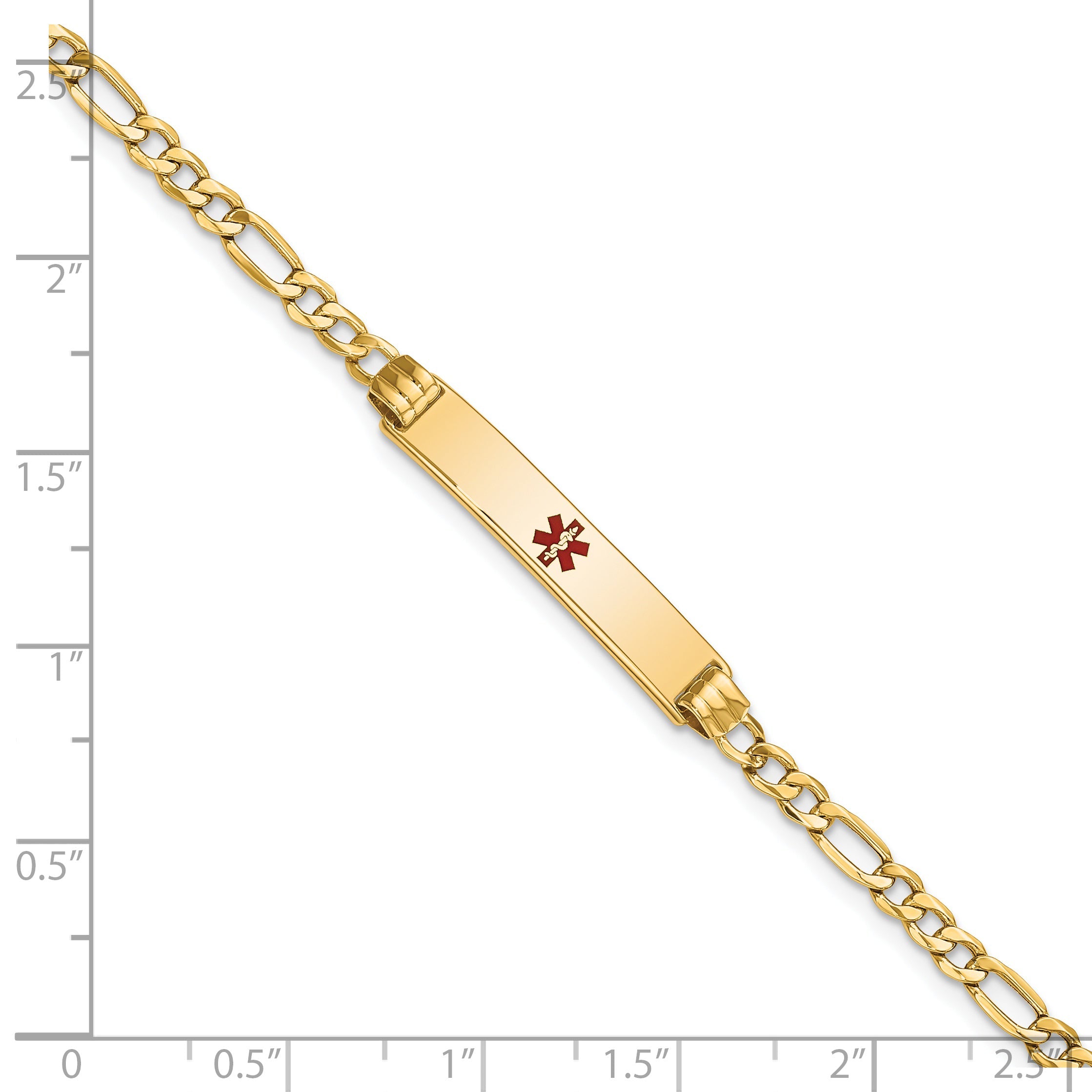 14K Yellow Gold Medical Semi Solid Chain/Solid Plate 26X5mm Centered Red Enamel Figaro Link 8 Inch Id Bracelet