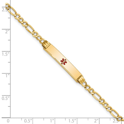 14K Yellow Gold Medical Semi Solid Chain/Solid Plate 26X5mm Centered Red Enamel Figaro Link 8 Inch Id Bracelet