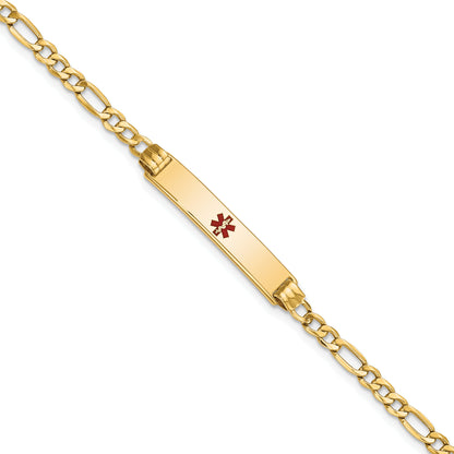 14K Yellow Gold Medical Semi Solid Chain/Solid Plate 26X5mm Centered Red Enamel Figaro Link 8 Inch Id Bracelet