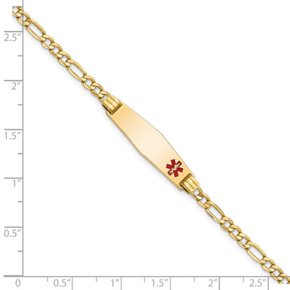 14K Yellow Gold Medical Semi Solid Chain/Solid Plate 26X7mm Soft Diamond Shape Off Center Red Enamel Figaro Link 7 Inch Id Bracelet