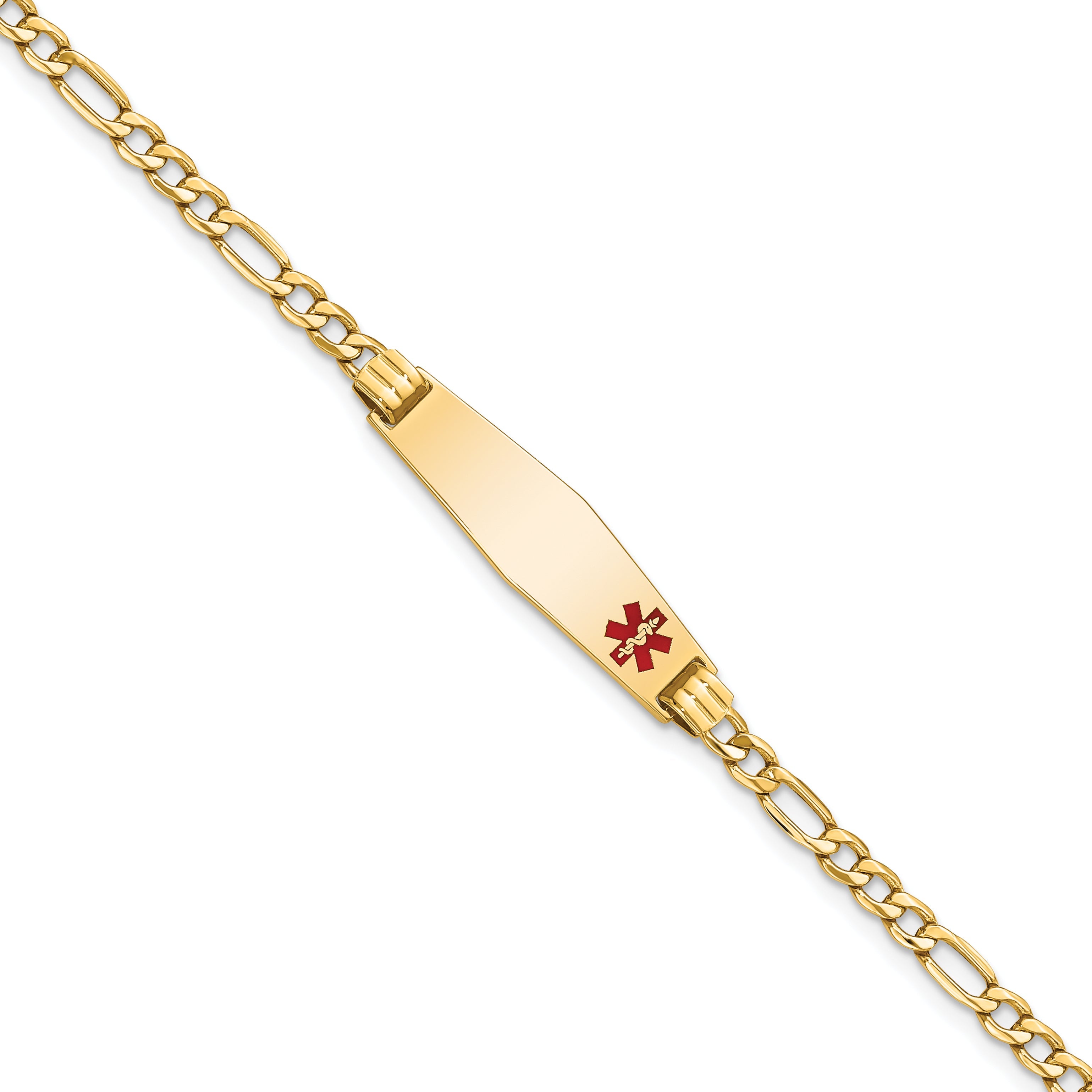 14K Yellow Gold Medical Semi Solid Chain/Solid Plate 26X7mm Soft Diamond Shape Off Center Red Enamel Figaro Link 7 Inch Id Bracelet