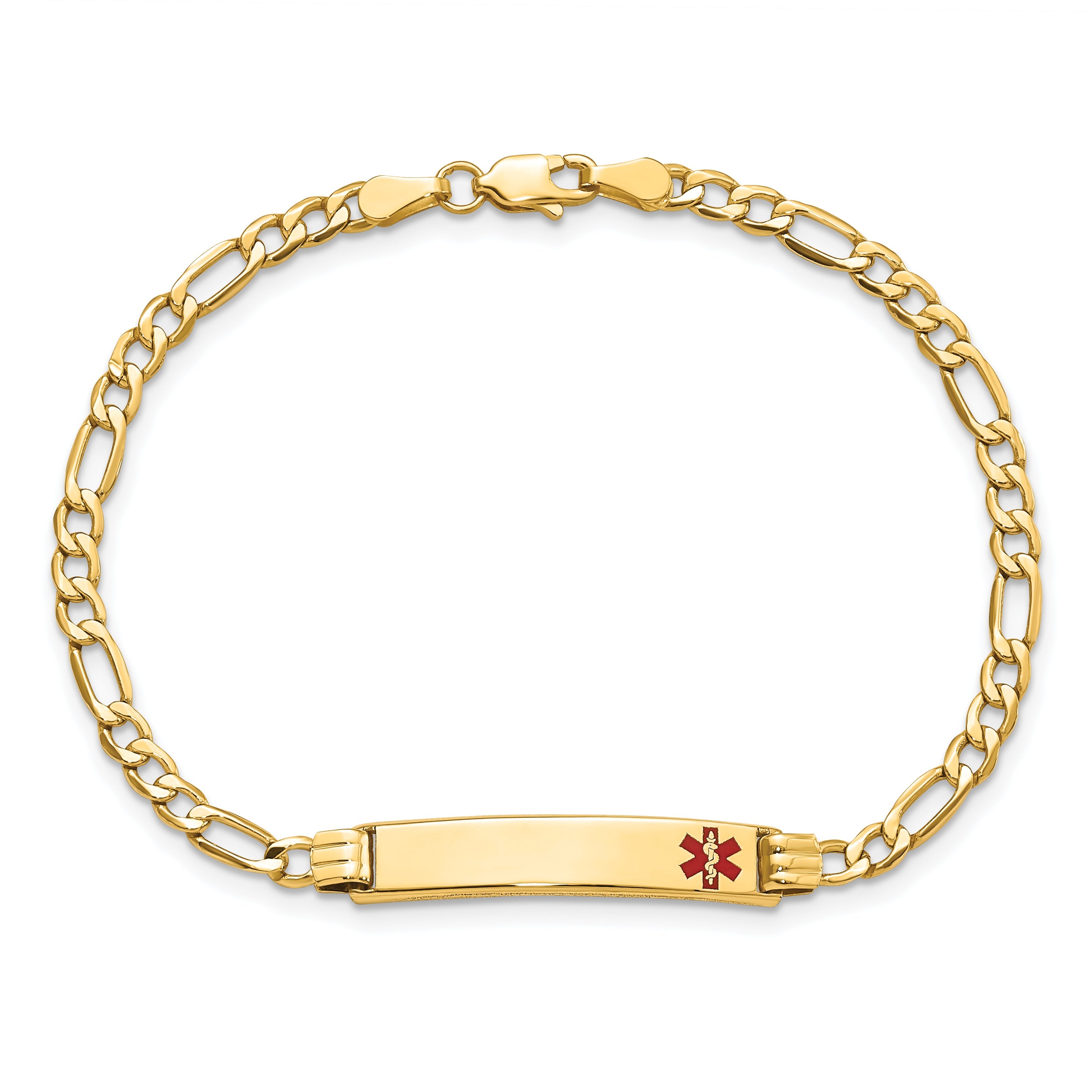 14K Yellow Gold Medical Semi Solid Chain/Solid Plate 26X5mm Off Center Red Enamel Figaro Link 7 Inch Id Bracelet
