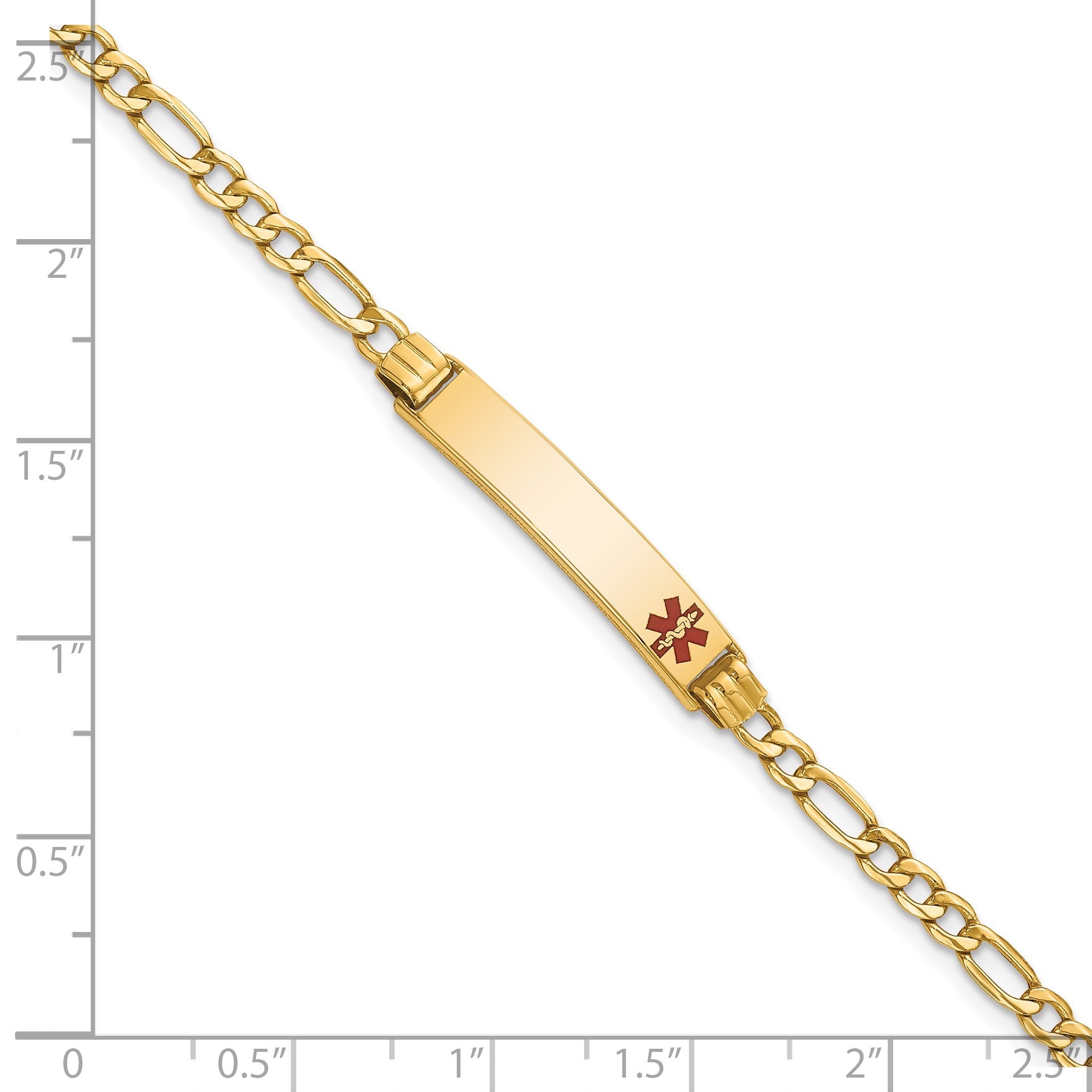 14K Yellow Gold Medical Semi Solid Chain/Solid Plate 26X5mm Off Center Red Enamel Figaro Link 7 Inch Id Bracelet