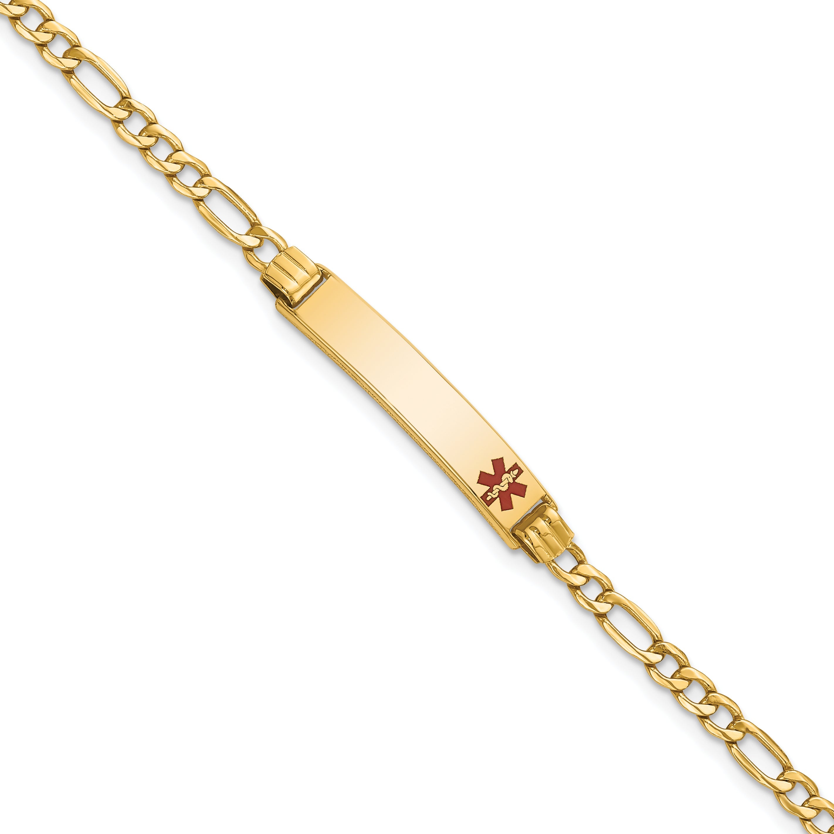 14K Yellow Gold Medical Semi Solid Chain/Solid Plate 26X5mm Off Center Red Enamel Figaro Link 7 Inch Id Bracelet