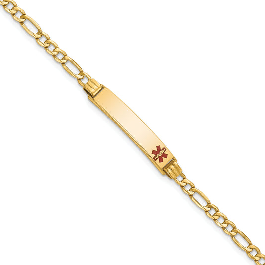 14K Yellow Gold Medical Semi Solid Chain/Solid Plate 26X5mm Off Center Red Enamel Figaro Link 7 Inch Id Bracelet