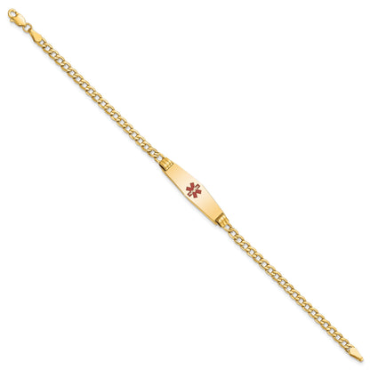 14K Yellow Gold Medical Semi Solid Chain/Solid Plate 26X7mm Soft Diamond Shape Centered Red Enamel Cuban Link 7 Inch Id Bracelet