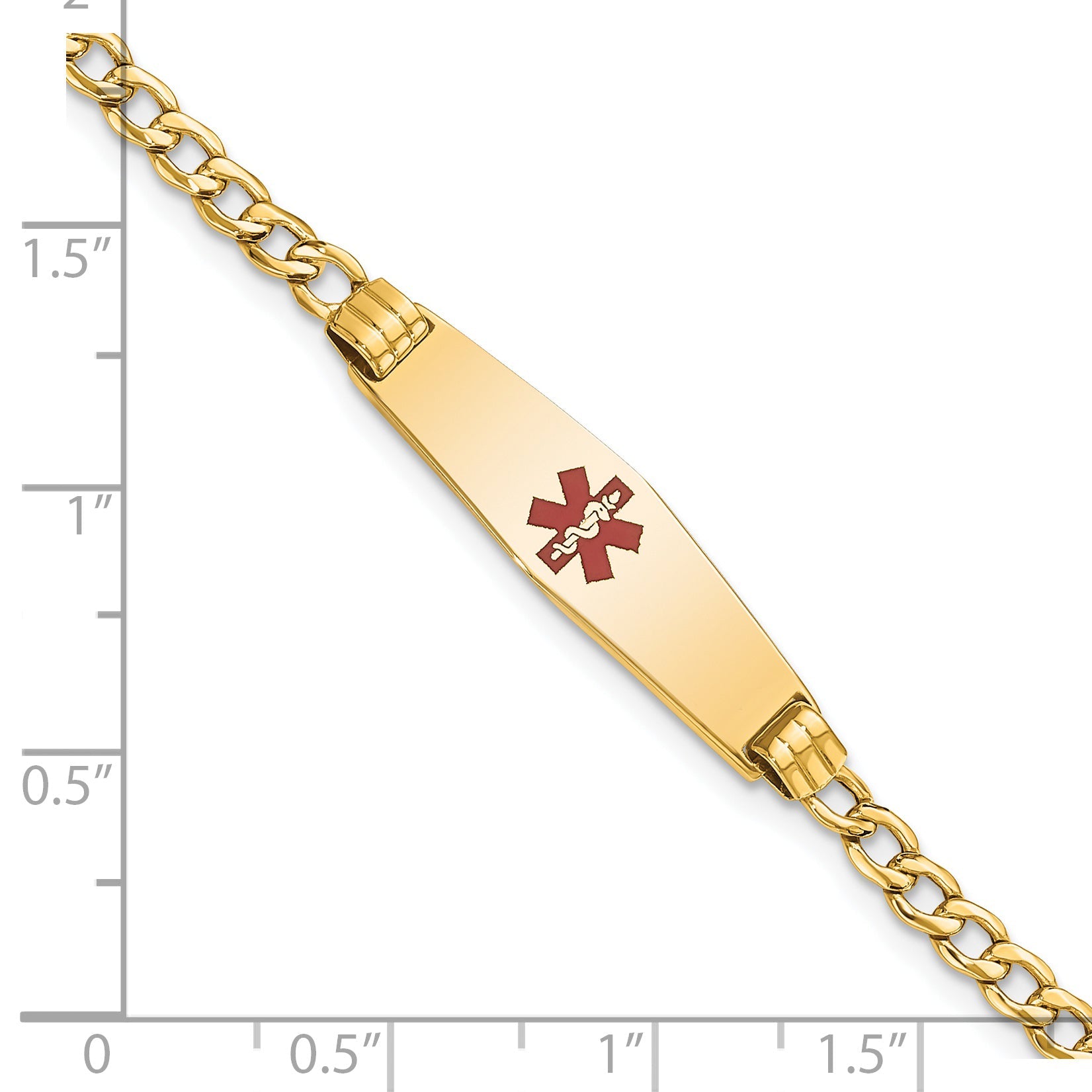 14K Yellow Gold Medical Semi Solid Chain/Solid Plate 26X7mm Soft Diamond Shape Centered Red Enamel Cuban Link 7 Inch Id Bracelet