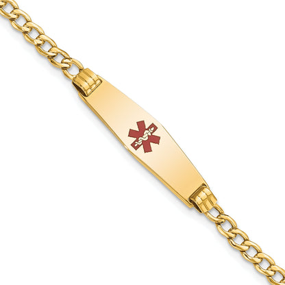 14K Yellow Gold Medical Semi Solid Chain/Solid Plate 26X7mm Soft Diamond Shape Centered Red Enamel Cuban Link 7 Inch Id Bracelet
