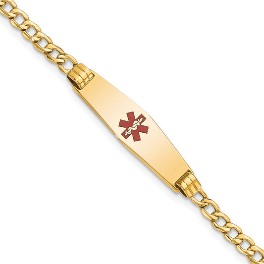 14K Yellow Gold Medical Semi Solid Chain/Solid Plate 26X7mm Soft Diamond Shape Centered Red Enamel Cuban Link 7 Inch Id Bracelet