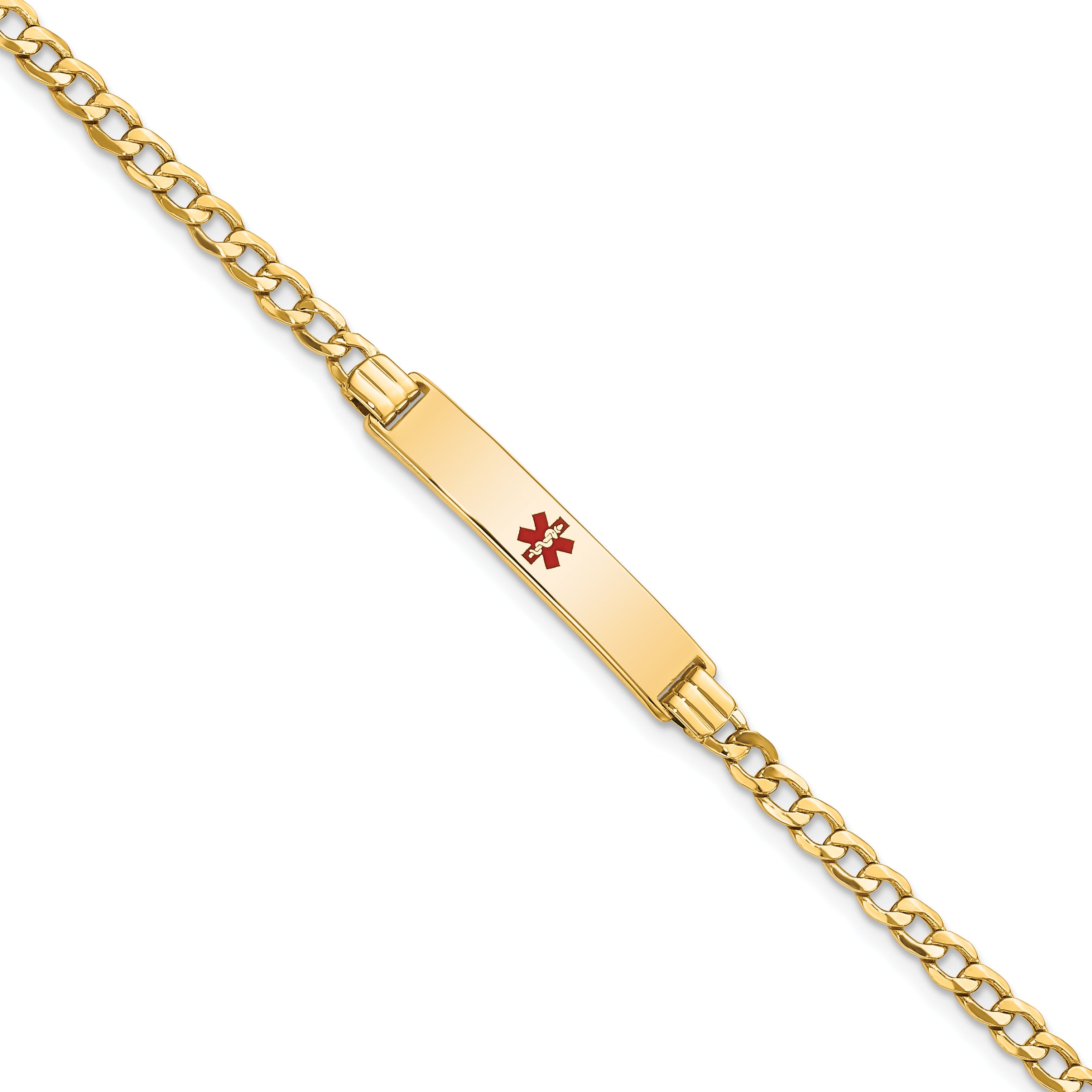 14K Yellow Gold Medical Semi Solid Chain/Solid Plate 26X5mm Centered Red Enamel Cuban Link 8 Inch Id Bracelet