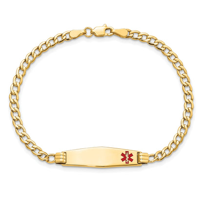 14K Yellow Gold Medical Semi Solid Chain/Solid Plate 26X7mm Soft Diamond Shape Off Center Red Enamel Cuban Link 7 Inch Id Bracelet