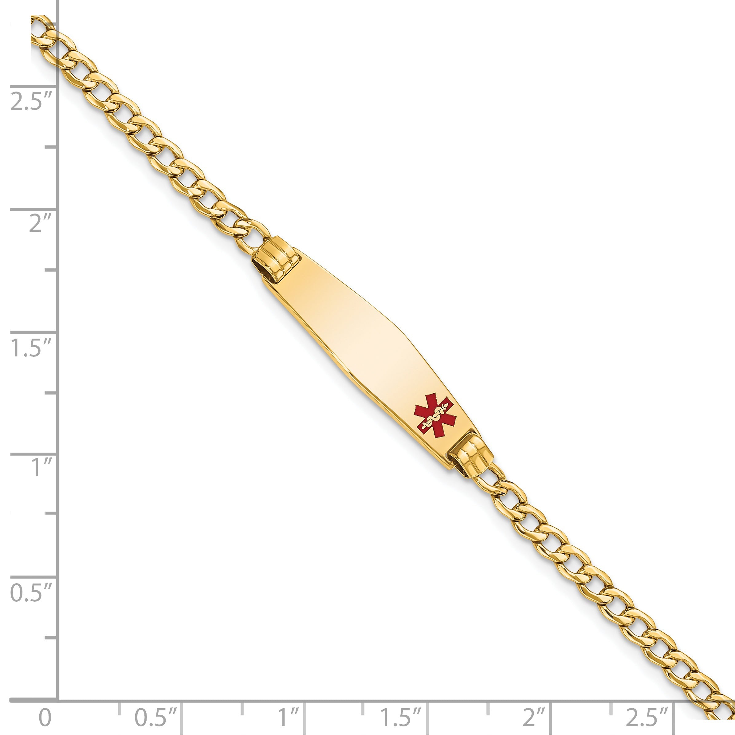 14K Yellow Gold Medical Semi Solid Chain/Solid Plate 26X7mm Soft Diamond Shape Off Center Red Enamel Cuban Link 7 Inch Id Bracelet