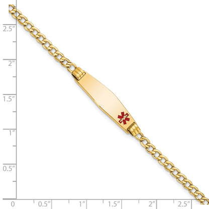 14K Yellow Gold Medical Semi Solid Chain/Solid Plate 26X7mm Soft Diamond Shape Off Center Red Enamel Cuban Link 7 Inch Id Bracelet