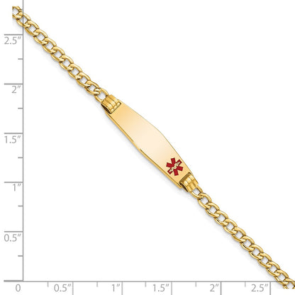 14K Yellow Gold Medical Semi Solid Chain/Solid Plate 26X7mm Soft Diamond Shape Off Center Red Enamel Cuban Link 8 Inch Id Bracelet