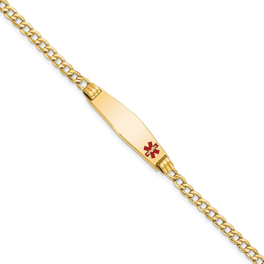 14K Yellow Gold Medical Semi Solid Chain/Solid Plate 26X7mm Soft Diamond Shape Off Center Red Enamel Cuban Link 7 Inch Id Bracelet