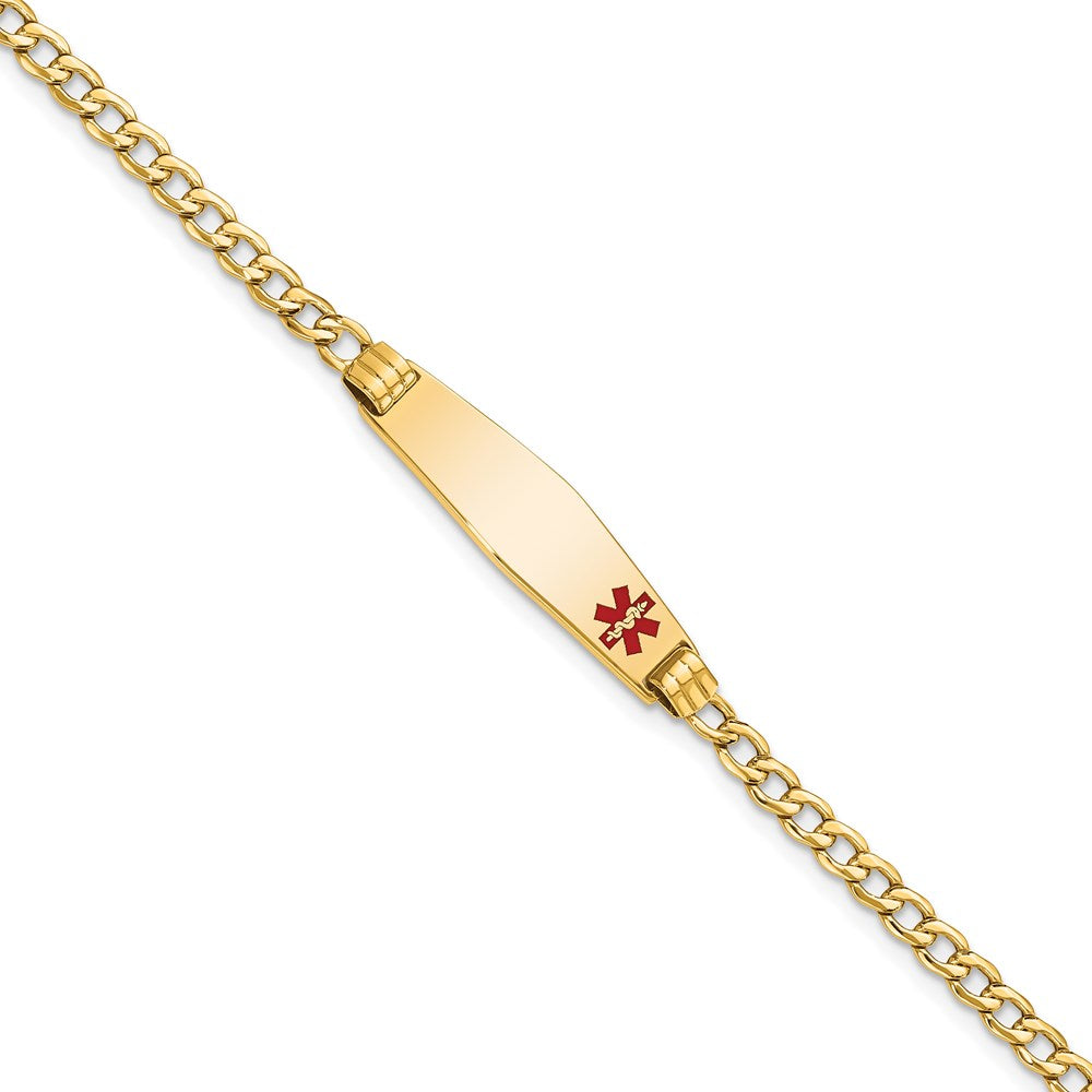 14K Yellow Gold Medical Semi Solid Chain/Solid Plate 26X7mm Soft Diamond Shape Off Center Red Enamel Cuban Link 8 Inch Id Bracelet