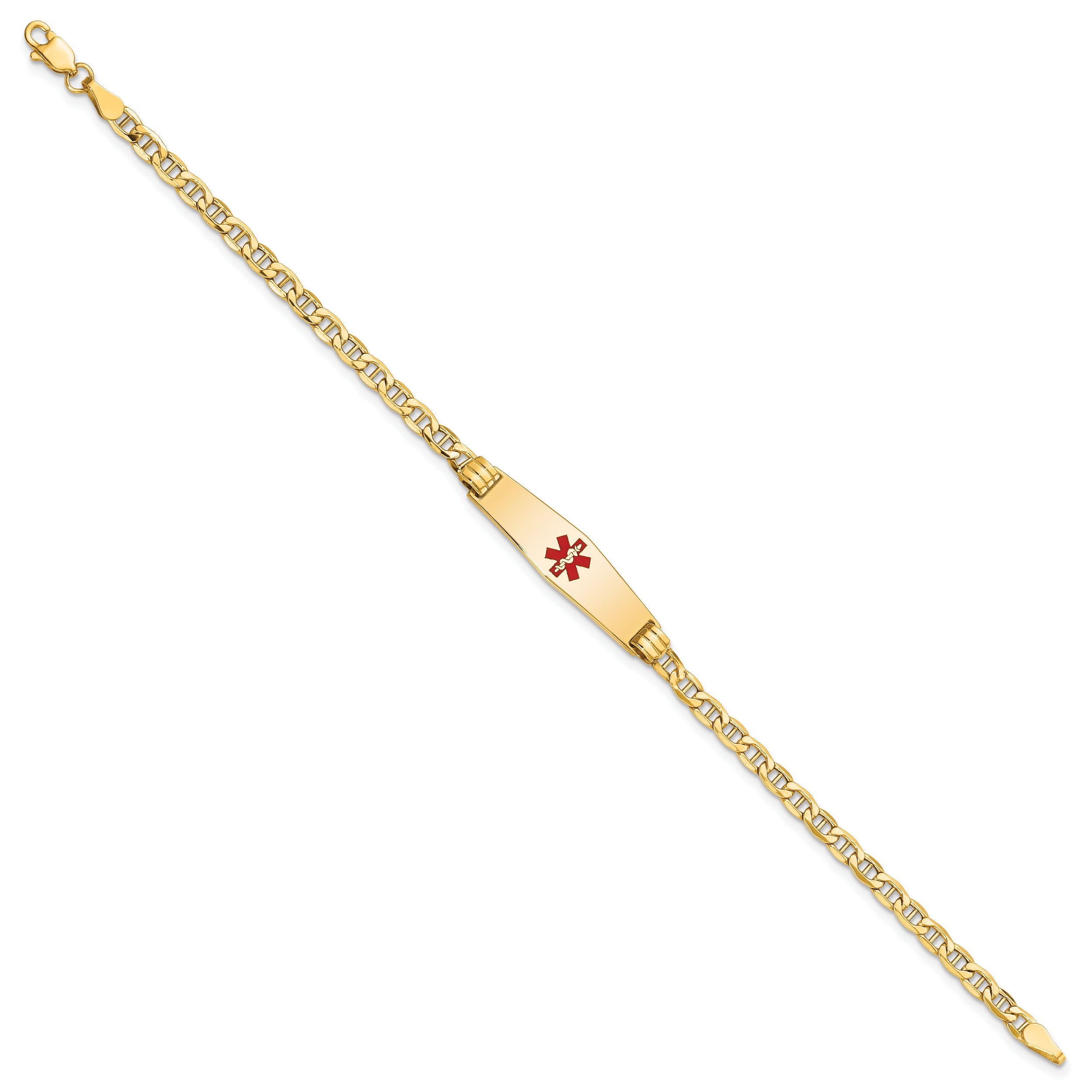 14K Yellow Gold Medical Semi Solid Chain/Solid Plate 26X7mm Soft Diamond Shape Centered Red Enamel Anchor Link 7 Inch Id Bracelet