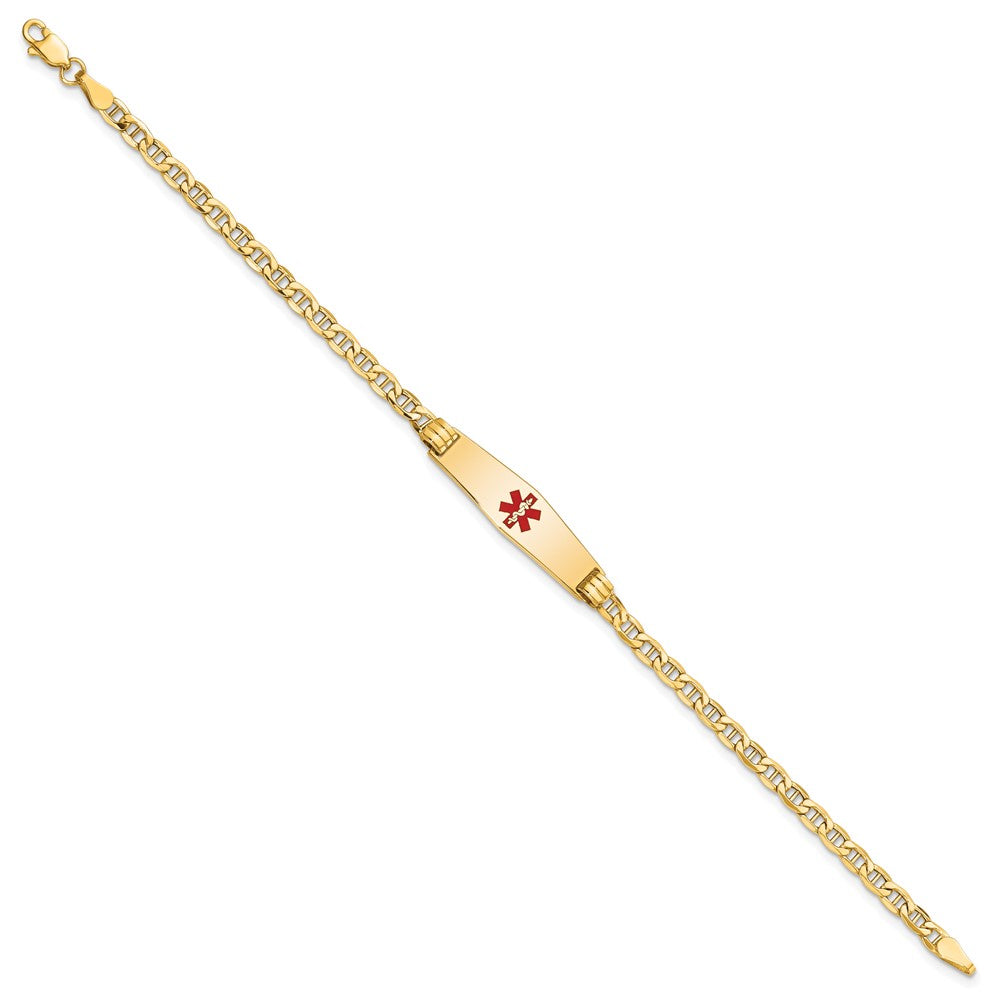 14K Yellow Gold Medical Semi Solid Chain/Solid Plate 26X7mm Soft Diamond Shape Centered Red Enamel Anchor Link 8 Inch Id Bracelet