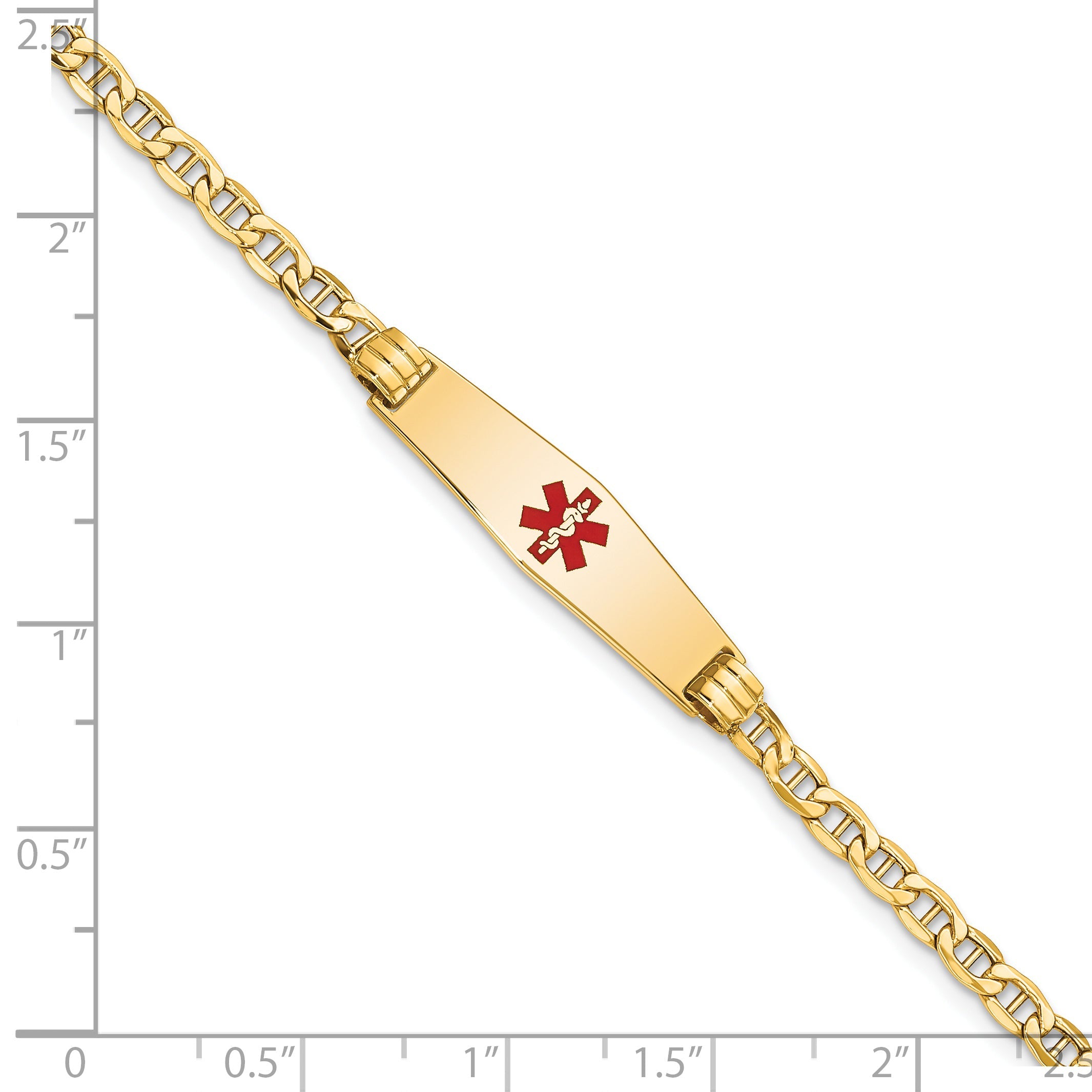 14K Yellow Gold Medical Semi Solid Chain/Solid Plate 26X7mm Soft Diamond Shape Centered Red Enamel Anchor Link 7 Inch Id Bracelet