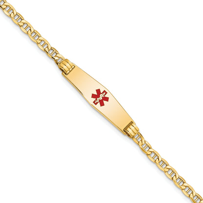 14K Yellow Gold Medical Semi Solid Chain/Solid Plate 26X7mm Soft Diamond Shape Centered Red Enamel Anchor Link 7 Inch Id Bracelet