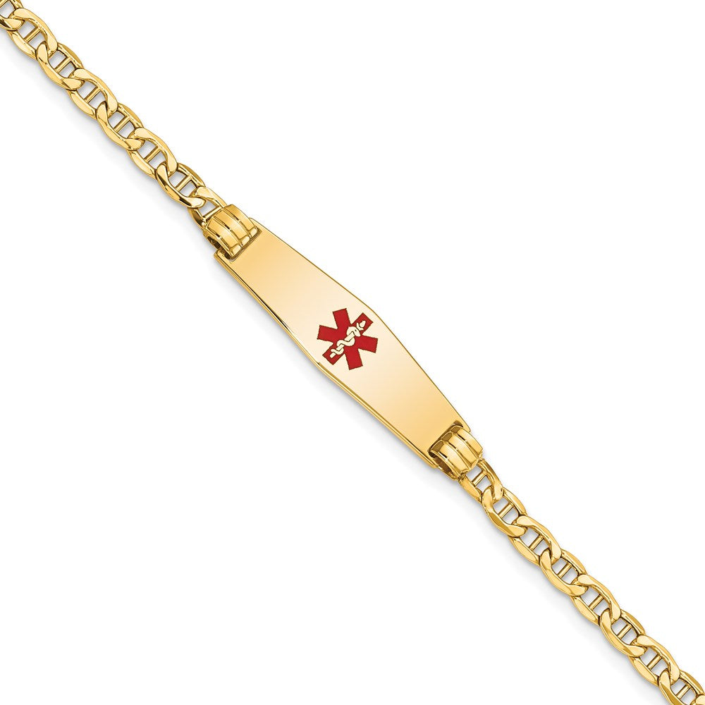 14K Yellow Gold Medical Semi Solid Chain/Solid Plate 26X7mm Soft Diamond Shape Centered Red Enamel Anchor Link 8 Inch Id Bracelet