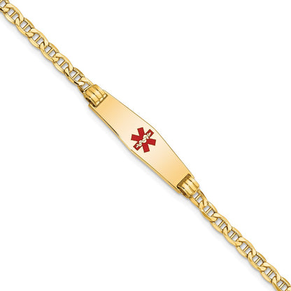 14K Yellow Gold Medical Semi Solid Chain/Solid Plate 26X7mm Soft Diamond Shape Centered Red Enamel Anchor Link 8 Inch Id Bracelet
