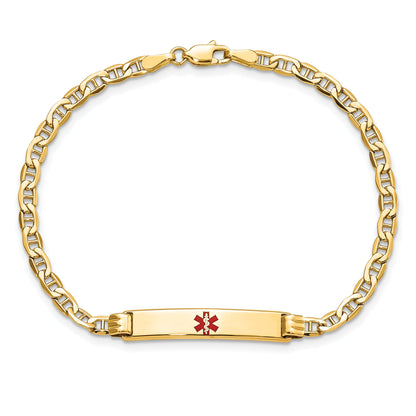 14K Yellow Gold Medical Semi Solid Chain/Solid Plate 26X5mm Centered Red Enamel Anchor Link 7 Inch Id Bracelet