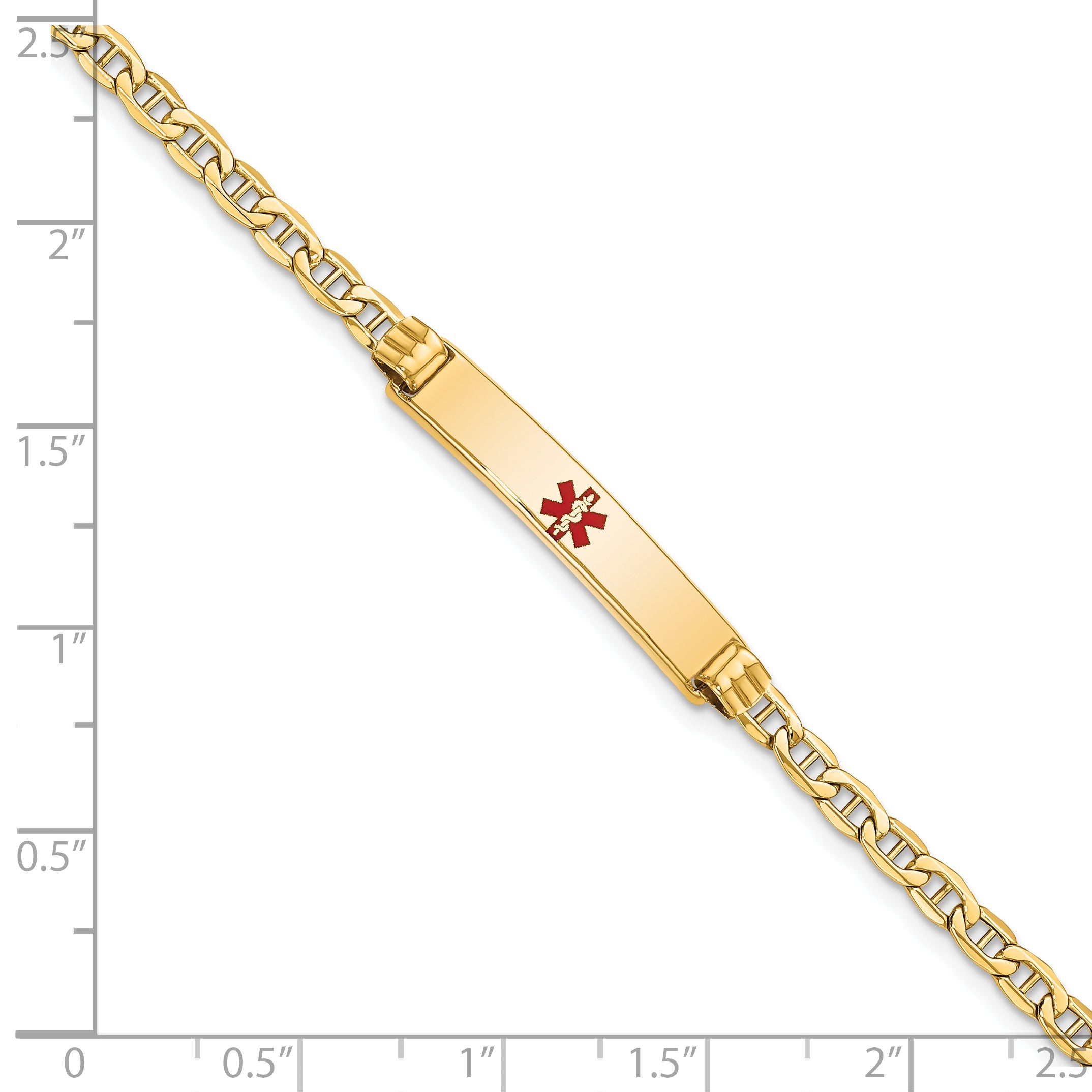 14K Yellow Gold Medical Semi Solid Chain/Solid Plate 26X5mm Centered Red Enamel Anchor Link 7 Inch Id Bracelet