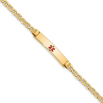 14K Yellow Gold Medical Semi Solid Chain/Solid Plate 26X5mm Centered Red Enamel Anchor Link 8 Inch Id Bracelet