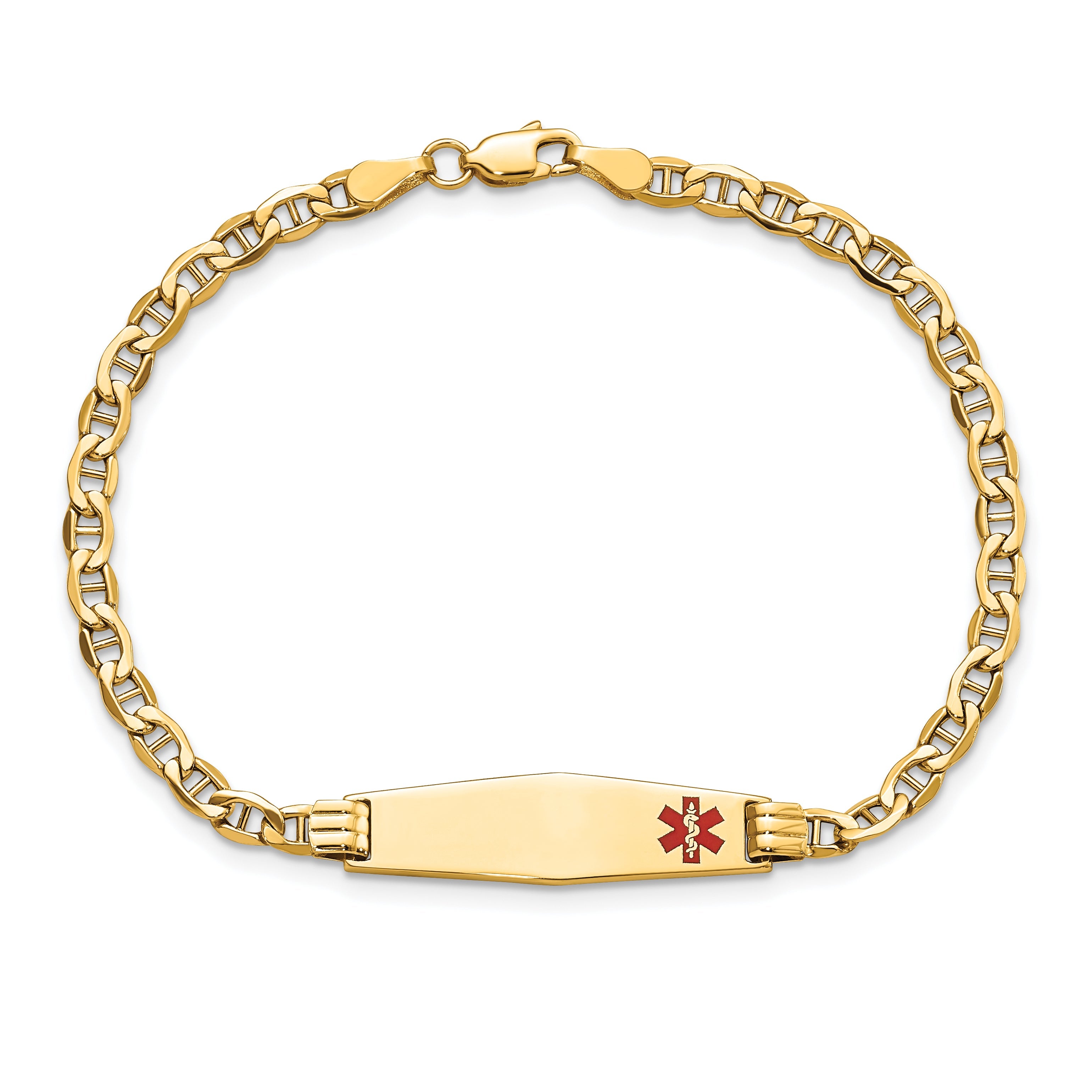 14K Yellow Gold Medical Semi Solid Chain/Solid Plate 26X7mm Soft Diamond Shape Off Center Red Enamel Anchor Link 7 Inch Id Bracelet