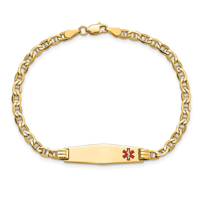 14K Yellow Gold Medical Semi Solid Chain/Solid Plate 26X7mm Soft Diamond Shape Off Center Red Enamel Anchor Link 8 Inch Id Bracelet