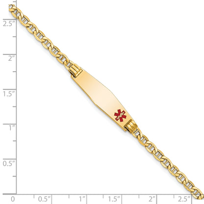 14K Yellow Gold Medical Semi Solid Chain/Solid Plate 26X7mm Soft Diamond Shape Off Center Red Enamel Anchor Link 7 Inch Id Bracelet