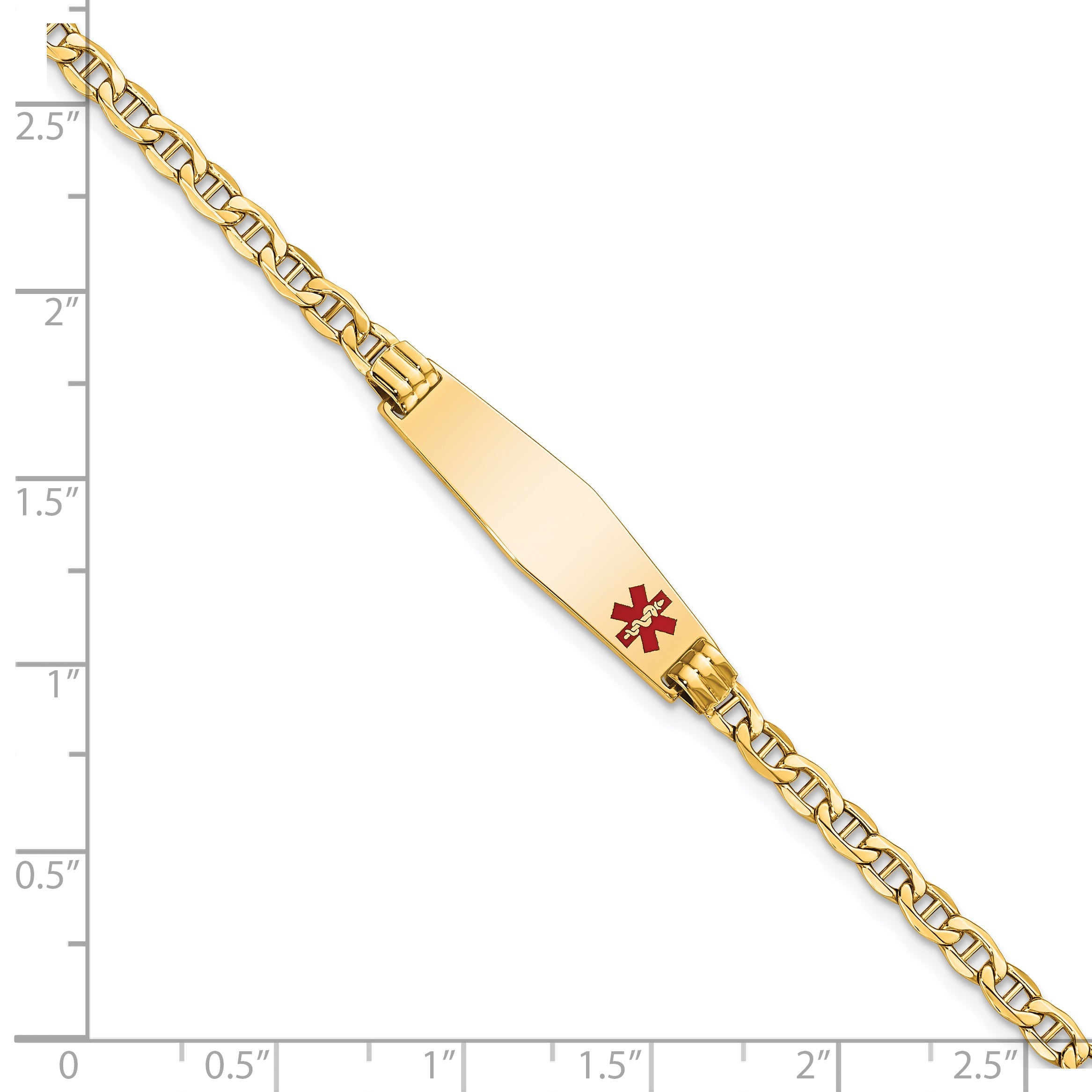 14K Yellow Gold Medical Semi Solid Chain/Solid Plate 26X7mm Soft Diamond Shape Off Center Red Enamel Anchor Link 8 Inch Id Bracelet