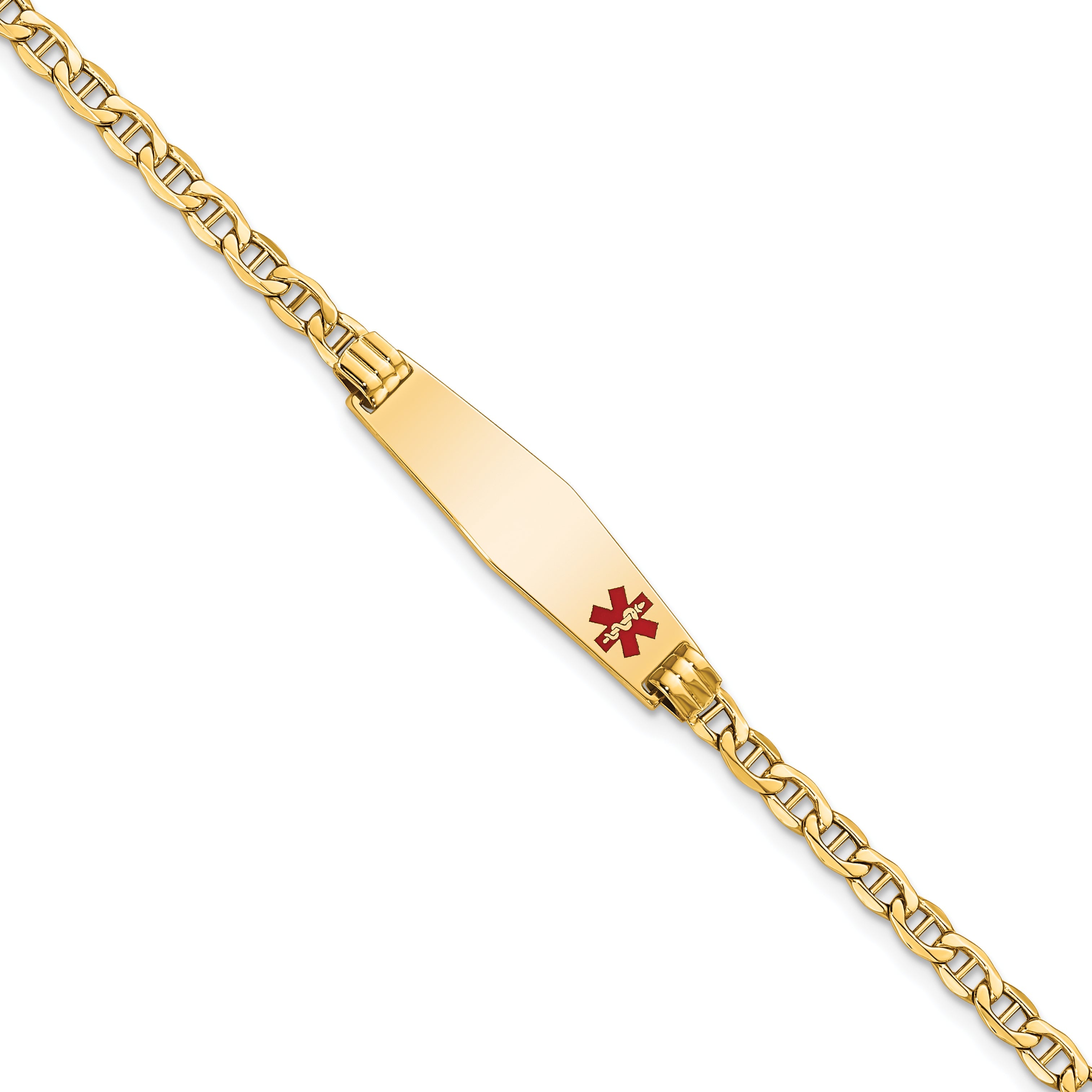 14K Yellow Gold Medical Semi Solid Chain/Solid Plate 26X7mm Soft Diamond Shape Off Center Red Enamel Anchor Link 8 Inch Id Bracelet