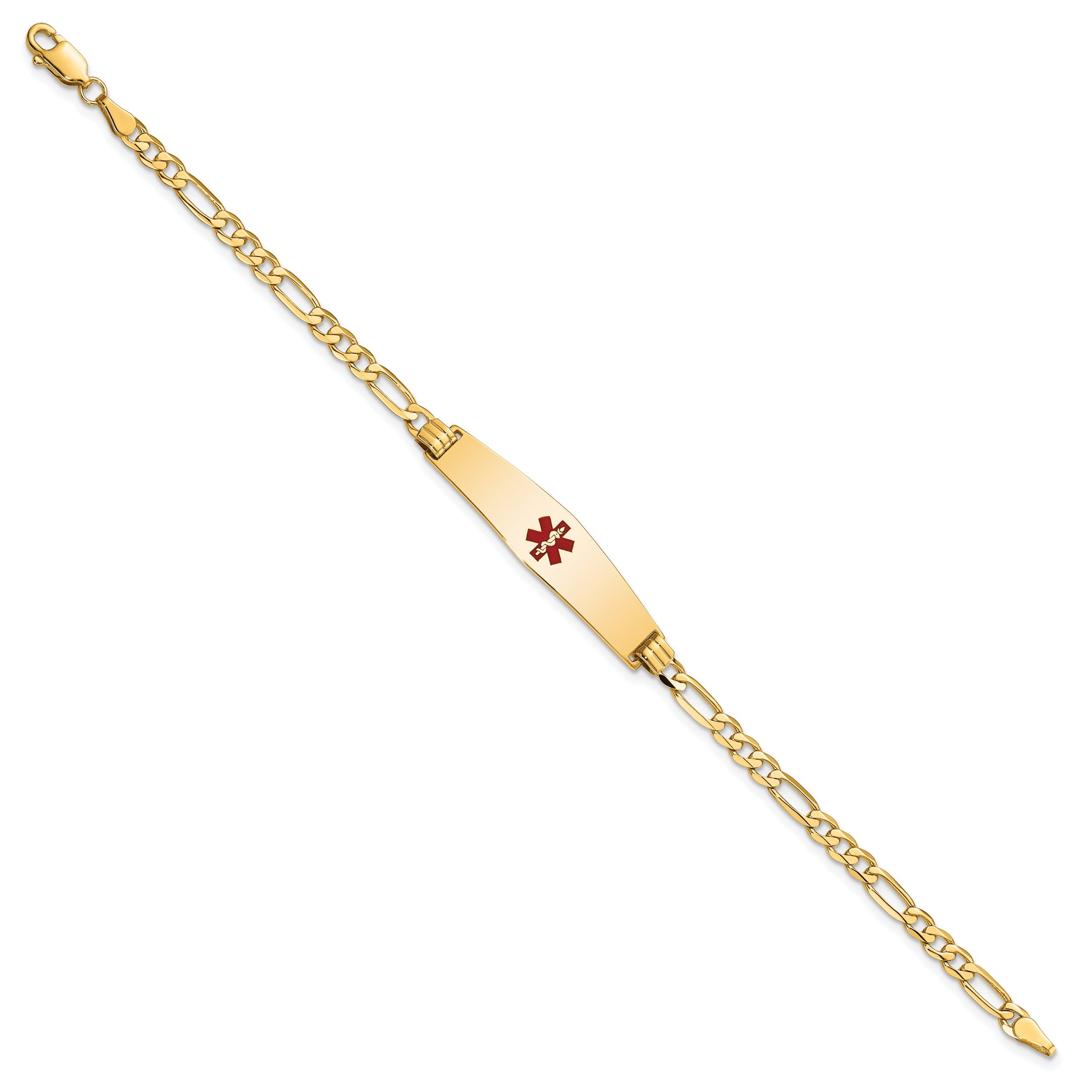 14K Yellow Gold Medical Solid Chain/Solid Plate Soft Diamond Shape 33X8mm Centered Red Enamel Flat Figaro Link 8 Inch Id Bracelet