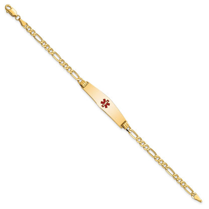 14K Yellow Gold Medical Solid Chain/Solid Plate Soft Diamond Shape 33X8mm Centered Red Enamel Flat Figaro Link 7 Inch Id Bracelet