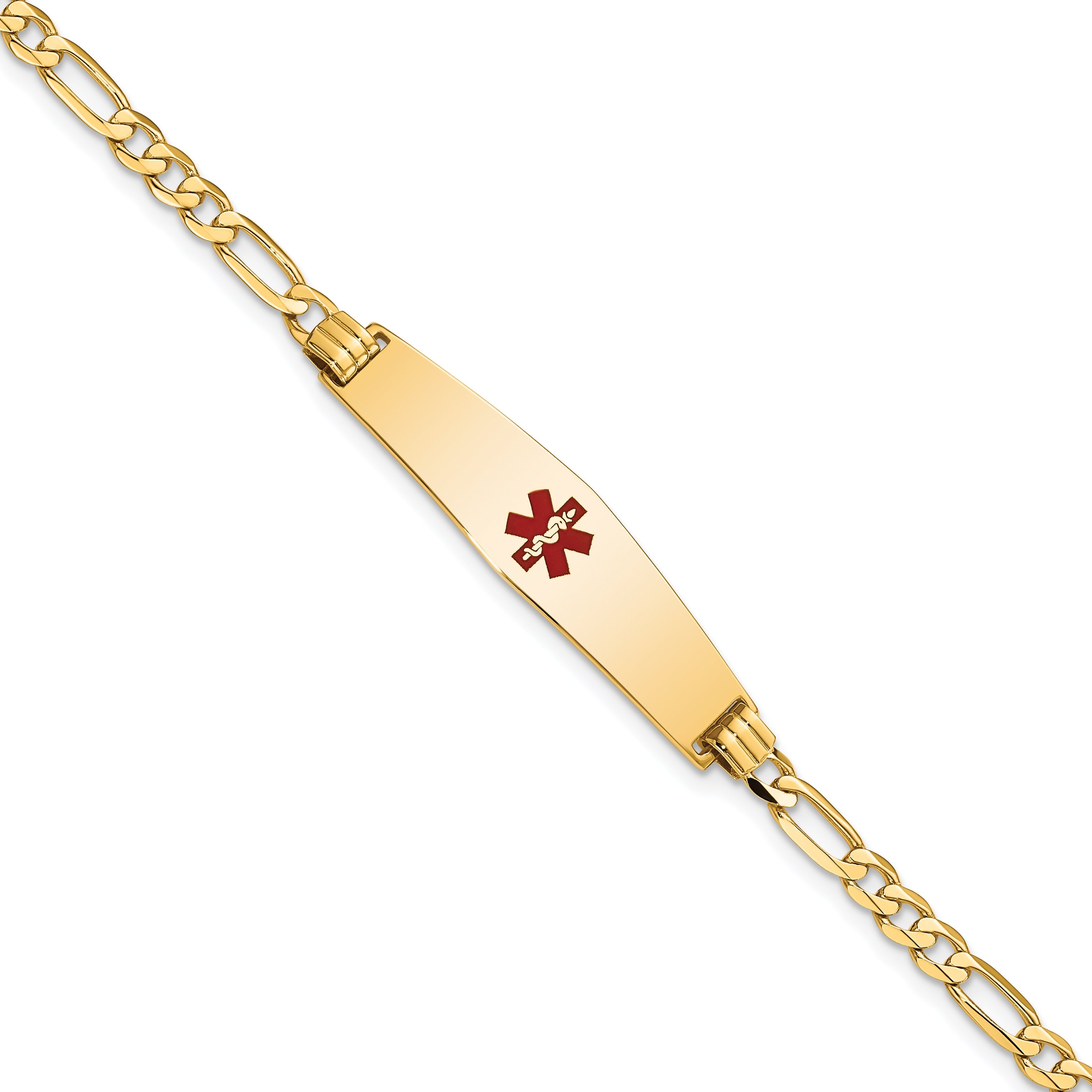 14K Yellow Gold Medical Solid Chain/Solid Plate Soft Diamond Shape 33X8mm Centered Red Enamel Flat Figaro Link 8 Inch Id Bracelet